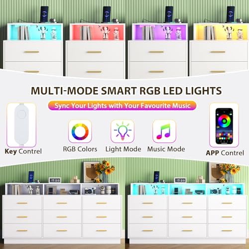 knoworld White 9 Drawer Dressers for Bedroom, Modern Large Dresser with LED Light and Power Outlet, Wooden Long Dresser, Triple Dressers for Bedroom, Entryway, Hallway - Image 4