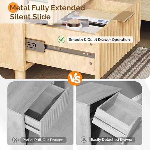 VINGLI Fluted Nightstands Set of 2 with Charging Station, Wood Nightstand 2 Drawer, Mid Century Modern Nightstands for Bedroom, Fluted Bed Side Table, Oak Night Stands Set 2 - Image 6