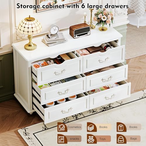Chrangmay Modern 6 Drawers Dresser Chests for Bedroom,TV Stand,47.2 Wide Chest of Drawers with Handle,Clothes Organizer,Large Storage Cabinet for Living Room,Hallway,with Anti-Tipping Device,Cream - Image 3