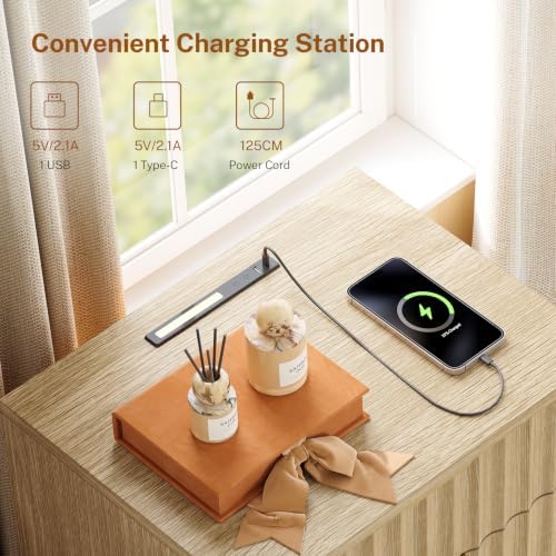 TEENFON Fluted Night Stand with 3 Storage Drawers, Nightstand with Charging Station and LED Light, Bedside Table for Small Space, Bedroom, Natural - Image 5