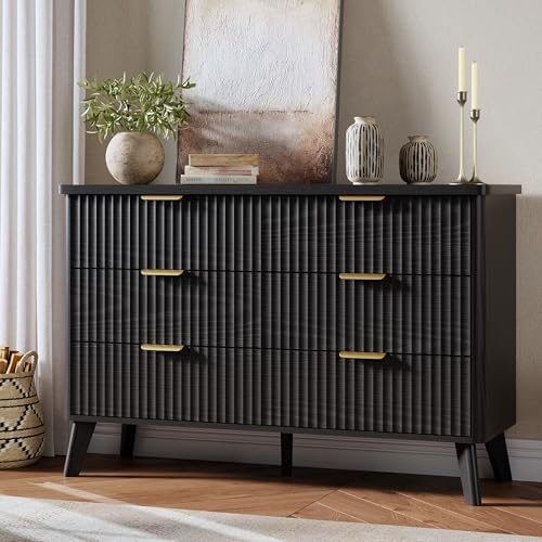 GarveeHome Fluted Dresser for Bedroom with 6 Deep Drawers, Black by GarveeHome
