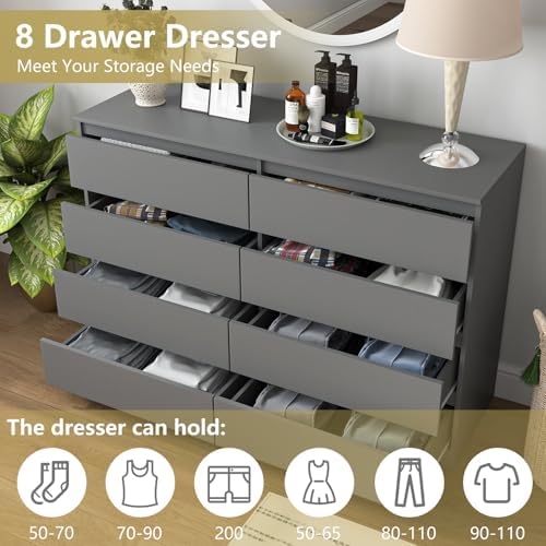 Grey Dresser for Bedroom,Modern Large 8 Drawer Dresser with Deep Drawer,Wide Storage Chest of Drawer,Wood Bedroom Storage Organizer Furniture,TV Stand for Living Room - Image 4