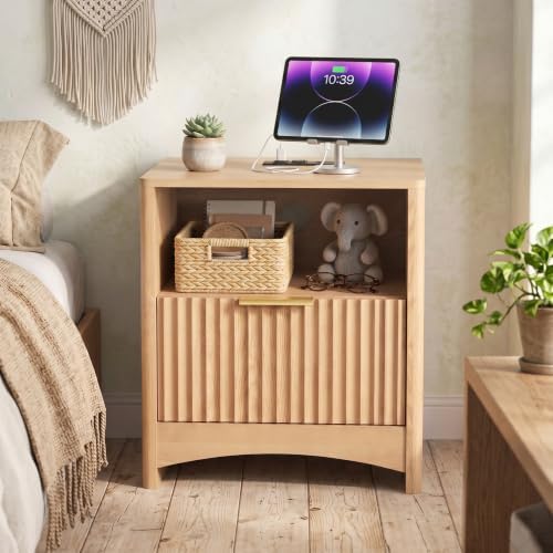 Marsail Wooden Nightstand with Drawer, Modern Night Stand with Charging Station and Storage, Fluted Bedside Table Boho End Table for Bedroom, Natural Oak (1 Pack) - Image 3