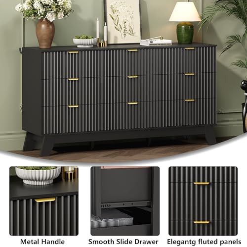 Wodeer 9 Drawer Fluted Dresser for Bedroom, Mid Century Modern Dresser with 9 Drawers, Dressers & Chests of Drawers with Metal Handle, TV Stand & Storage Organizer for Entryway, Hallway, Black - Image 5