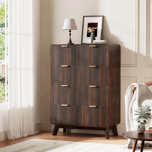 QUW Fluted 5 Drawers Dresser for Bedroom, Modern 40.2" Tall Drawer Dressers with Metal Handle, Wooden Chest of Dresser for Living Room, Hallway, Solid Wood Legs, Curved Profile Design, Dark Walnut - Image 2