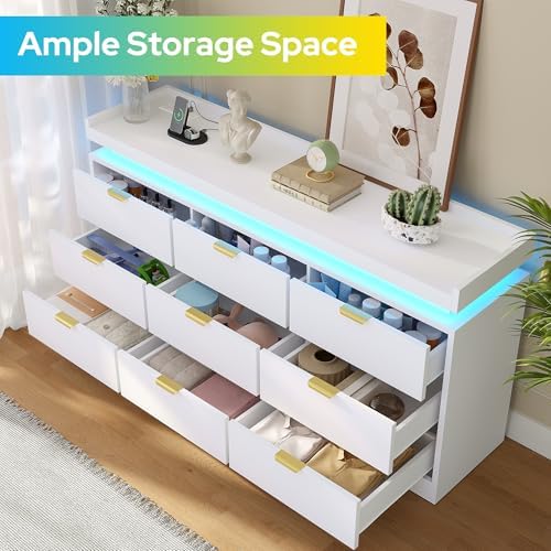 knoworld 9 Drawer Dresser for Bedroom, White Dresser with LED Lights and Power Outlet, Large Wooden Dressers Modern Chest of Drawers, Triple Wide 9 Drawer Dressers for Bedroom, Entryway, Hallway - Image 3