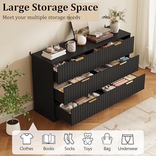 Fluted 6 Drawers Dresser for Bedroom, 55" Wide Wood Dressers, Black - Image 3