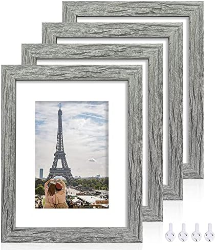 Hongkee 8x10 Picture Frame Set of 4, Made of Real Glass and Grey Wooden Frame, 8 by 10 Photo for Wall or Tabletop - Display Picture 5x7 with Mat or 8x10 Without Mat by Hongkee