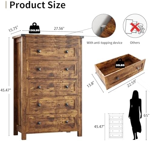 Xixini 45.5" Tall 5-Drawer Dresser for Bedroom, Chest of Drawers, Brown - Image 2