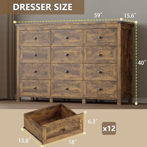 BORNOON 12-Drawer Dresser, Modern Wooden Storage Chest of Drawers, Dresser TV Stand, Wood Drawer Organizer with Metal Handles for Bedroom, Living Room, Hallway - Image 2