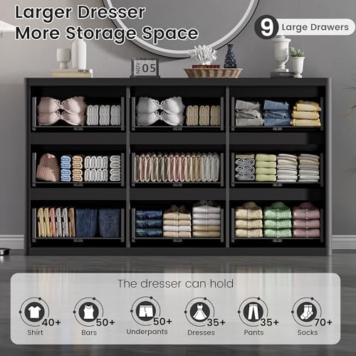 Standifurno Fluted 9 Drawers Dresser, 57" Wide Dresser for Bedroom, Modern Chest of Drawers with Curved Profile, Handleless, Wood Large Dressers TV Stand with Organizer Storage, Living Room, Black - Image 3
