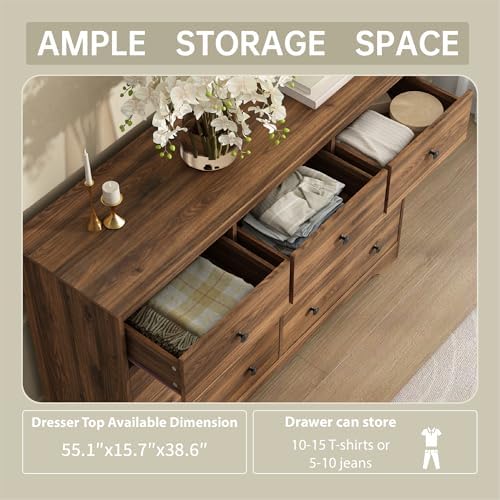 Dresser for Bedroom, 9 Drawer Dresser with Large Drawers, 55 Inch Wide Wood Chest for Living Room, Hallway, Walnut - Image 3