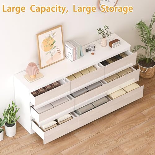 70 INCH 9 Drawers Dresser with Charging Station, Modern Large Dresser with 9 Handle Free Drawers, Wood Storage Chest of Drawers for Bedroom, Living Room, Entryway, Hallway, White - Image 6