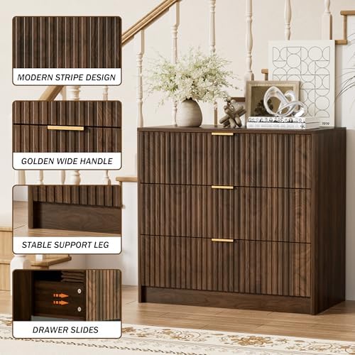Furniway Walnut Dresser for Bedroom, Modern Dresser with 3 Drawers and Smooth Slides, Wide Chest of Drawers with Golden Handles for Bedroom, Living Room, Closet, 15.7" D x 31.5" W x 29.6" H - Image 3