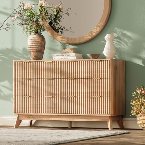 47" Wide Fluted 6 Drawers Dresser for Bedroom,Curved Edge,Oak by TROJMHome