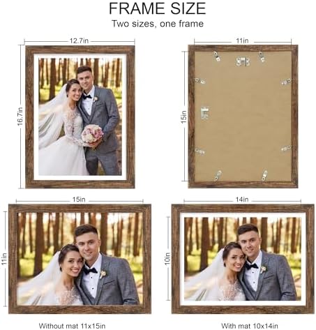 Hongkee 11x15 Picture Frame Set of 4, Made of Real Glass and Rustic Brown Frame - Display Picture 10x14 with Mat or 11x15 Without Mat, 11 by 15 Photo for Wall Mounting - Image 2