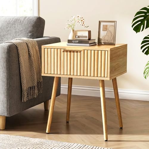 VINGLI Fluted Nightstand with Drawer, 19" W Mid Century Modern Nightstand for Bedroom, Bedside Table, End Tables Bedroom, Wood Night Stand, Oak, 18.9" W*14.96" D*24" H - Image 6