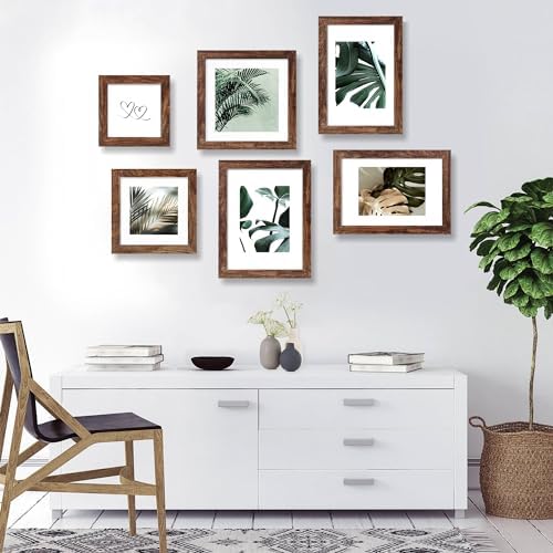 Hongkee 9x12 Picture Frame Set of 4, Made of Glass and Rustic Brown Wooden Frame - Display Picture 6x8 with Mat or 9 x 12 Without Mat, 9 by 12 Photo for Wall or Tabletop - Image 4