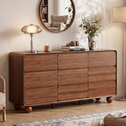 AVZEAR Modern 9 Drawer Dresser for Bedroom, 63" Wide Wooden Dresser Chest of Drawers, Handle Free & Curved Profile Design, Mid Century Closet Clothes Storage Organizer for Living Room, Walnut by AVZEAR