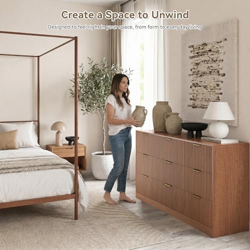 9 Drawer Dresser for Bedroom, 63" Wide Modern Fluted Chest of Drawers, Wooden Dresser with Gold Metal Handles, Mid Century Large Dresser TV Stand for Living Room Hallway Light Walnut - Image 4