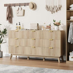 QUW Fluted 59.1" Wide Modern Dresser for Bedroom with 9 Drawers, Tall Chest of Drawers with Metal Handle, Wooden Dresser TV Stand, Hallway, Living Room, Natural Oak - Image 4