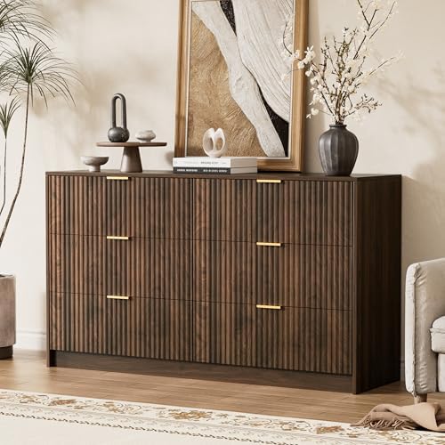 Furniway Walnut Dresser for Bedroom, Modern Dresser with 6 Drawers and Smooth Slides, Wide Chest of Drawers with Golden Handles for Bedroom, Living Room, Closet, 15.7" D x 55.1" W x 31.4" H - Image 6