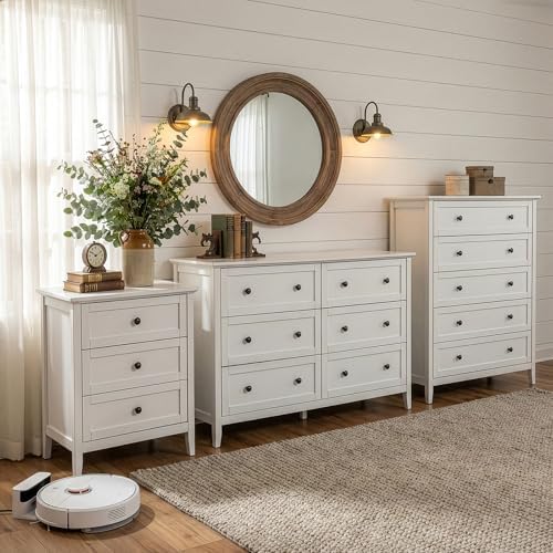 Karl home White Farmhouse Nightstand, Wide End Table with Charging Station - Image 2