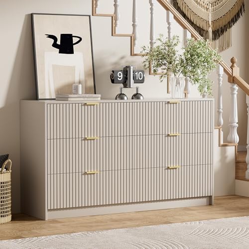 Furniway Beige Dresser for Bedroom, Modern Dresser with 6 Drawers and Smooth Slides, Wide Chest of Drawers with Golden Handles for Bedroom, Living Room, Closet, 15.7" D x 55.1" W x 31.4" H - Image 5