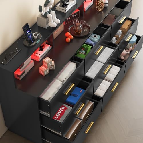 UNIQUITE Black 9 Drawer Dressers for Bedroom, Modern Large Dresser with LED Light and Power Outlet, Wooden Long Dresser for Bedroom, Entryway, Hallway - Image 3