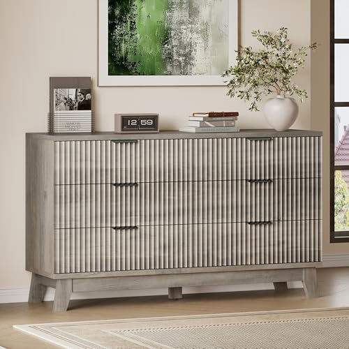 BORNOON 53" Long Dresser for Bedroom, 6-Drawer Dresser with Fluted Fronts, Wide Wood Chest of Drawers, Smooth Metal Slides, Stable Base, Modern Clothes Storage Cabinet for Living Room, Hallway by BORNOON