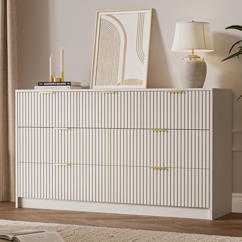 MAISONARIA Beige 7 Drawer Dresser for Bedroom, 55.9" Wide Modern Fluted Dresser with Gold Metal Handles, Wide Chest of Drawers for Bedroom, Living Room, Entryway, Hallway - Image 7