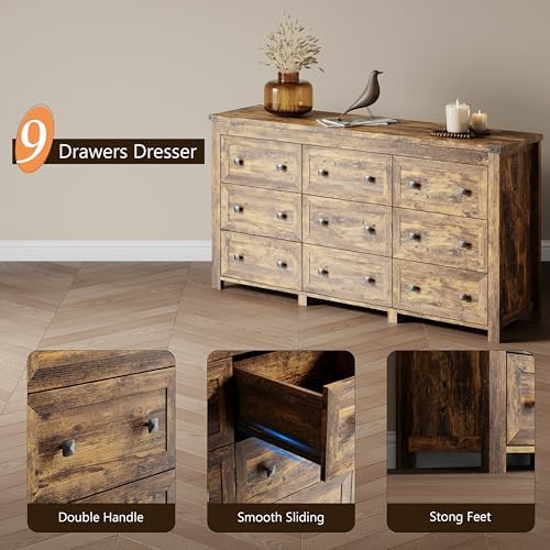 Xixini 59.1" Wide 9-Drawer Farmhouse Dresser for Bedroom, Brown - Image 5