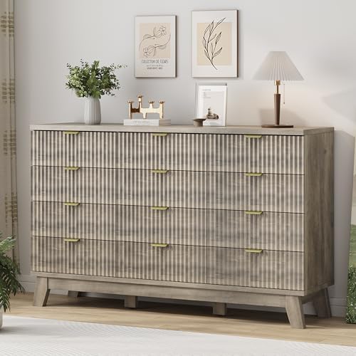 Xixini Fluted Dresser for Bedroom with 12 Drawers, 57" Wide Modern Chest of Drawers with Metal Handle, Wooden Dresser TV Stand, Wood Closet Clothes Storage Organizer for Living Room, Hallway, Grey - Image 4