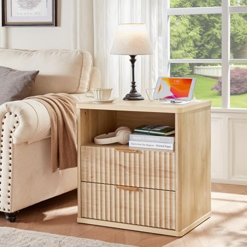 LEYAOYAO Fluted Nightstand with Charging Station, 23" Modern Night Stand with Woodgrain Top, 2 Drawers End Table w/Storage, Bedside Tables for Bedroom, Living Room, Curved Profile Design,Wood - Image 4