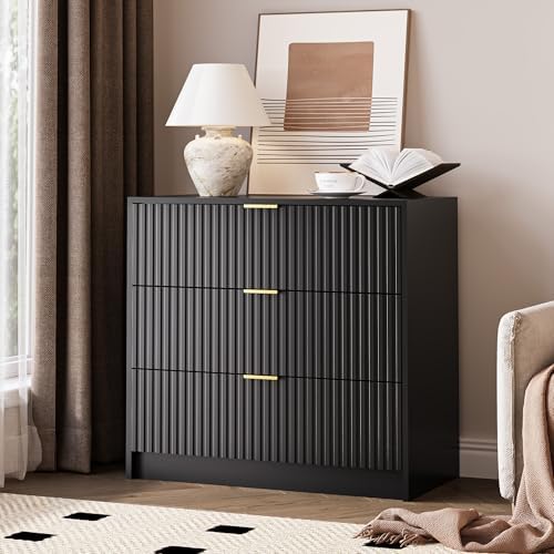 MAISONARIA Black Fluted Dresser for Bedroom, 32 Inch Wide Nightstand with Large Drawer, 3 Drawer End Table for Bedroom, Living Rooms, Offices, and Entryways by MAISONARIA