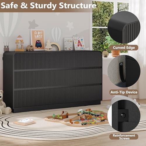 BORNOON Dresser for Bedroom with 9 Drawers, Fluted Chest of Drawers with Round Curved Corner, Hidden Handles, Modern Wood Storage Organizer for Bedroom, Nursery, Living Room - Image 4