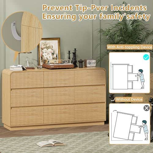 Wodeer Oak Dresser Fluted 9 Drawers Dresser for Bedroom, 59" Wide Wood Chest of Drawers with Hidden Handles & Rounded Corners, Modern TV Stand Storage Cabinet for Living Room, Hallway, Entryway - Image 6