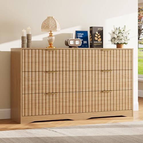 Fluted 6 Drawers Dresser for Bedroom, 55" Wide Wood Dressers, Natural Oak by METOTI