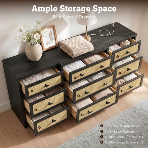 9 Drawers Dresser for Bedroom, 63" Wide Rattan Dressers w/Charging Station - Image 2
