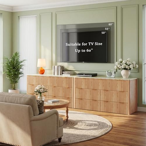HUAHUU Fluted Dresser for Bedroom with 7 Drawers, 53" Wide Mid Century Modern Dressers with Faux Marble Top & Metal Handle, Wooden Chest of Drawers TV Stand, Natural Oak - Image 3