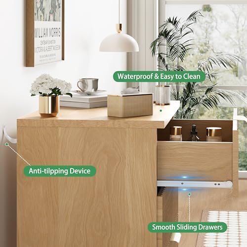 Xixini Fluted Nightstand with 4 Drawers, 31.5" Wide Side Table, Natural Oak - Image 5