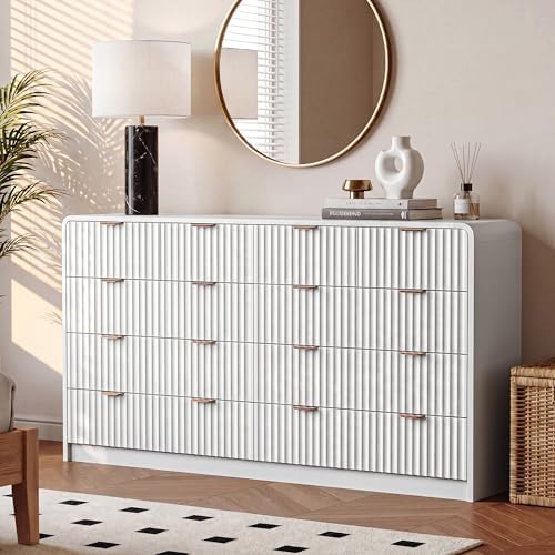 HOUROM 55“ Wide White Fluted Dresser for Bedroom with 10 Drawers - Image 7