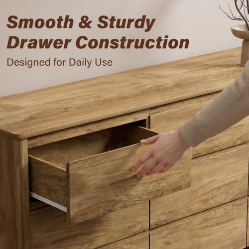 Furniway 63" Wide 9 Drawer Wood Dresser for Bedroom with Legs, Natural Oak - Image 4