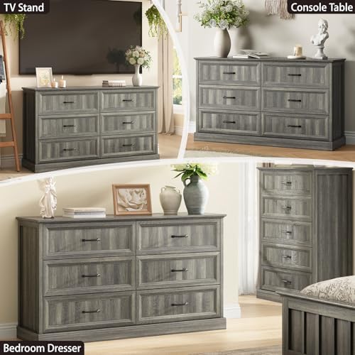 Farmhouse 6 Drawer Dresser for Bedroom, 55" Grey Dresser with TV Stand - Image 3