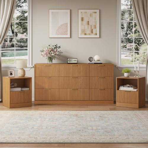 3Pcs 9 Drawer Dresser and 1-Drawer Nightstand Set, Natural Wood丨63 Wide Fluted Bedroom Dresser Set Night Stand Set of 2, Modern Wood Chest of Drawers Storage Dressers Set for Bedroom by NOVAMAISON