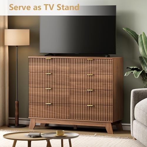 Wodeer 8 Drawer Fluted Dresser for Bedroom, Mid Century Modern Wooden Dresser with 8 Drawers, Dressers & Chests of Drawers with Metal Handle, TV Stand & Storage Organizer for Entryway, Hallway, Walnut - Image 3