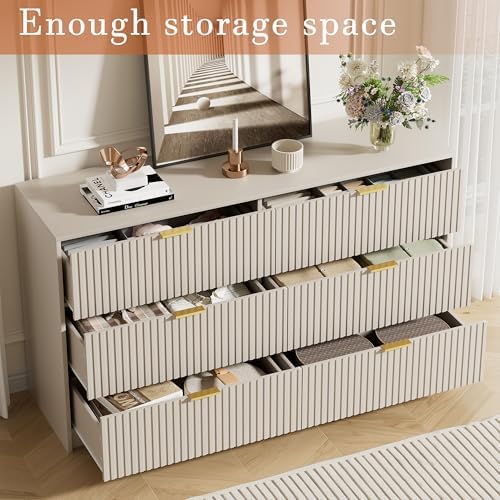 Furniway Beige Dresser for Bedroom, Modern Dresser with 6 Drawers and Smooth Slides, Wide Chest of Drawers with Golden Handles for Bedroom, Living Room, Closet, 15.7" D x 55.1" W x 31.4" H - Image 4