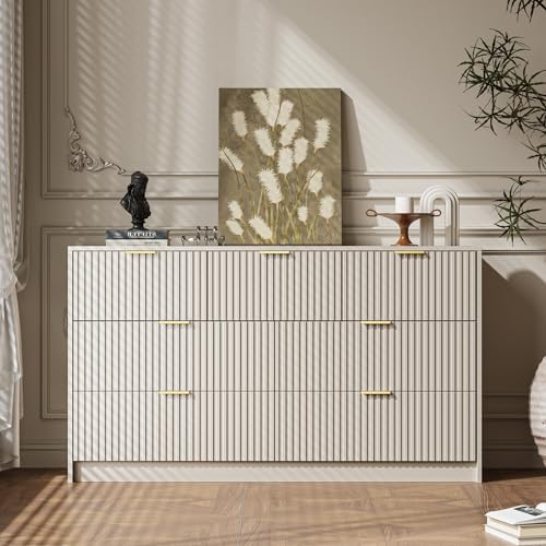 MAISONARIA Beige 7 Drawer Dresser for Bedroom, 55.9" Wide Modern Fluted Dresser with Gold Metal Handles, Wide Chest of Drawers for Bedroom, Living Room, Entryway, Hallway - Image 5