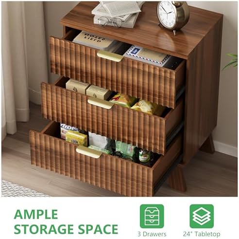 Xixini Fluted Dresser for Bedroom with 3 Drawers, 24" Wide Modern Chest of Drawers with Metal Handle, Wooden Dresser TV Stand, Wood Closet Clothes Storage Organizer for Living Room, Hallway, Walnut - Image 6