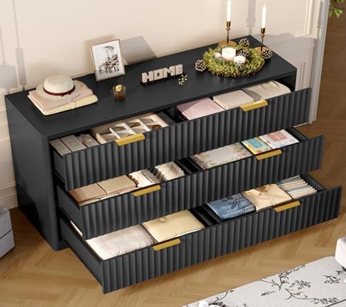 TEENFON Fluted 6 Drawer Dresser for Bedroom, Wide Modern Chest of Drawers with Metal Handle, Curved Profile Design, Wood Closet Clothes Storage Organizer for Bedroom, Living Room, Hallway, Black - Image 3
